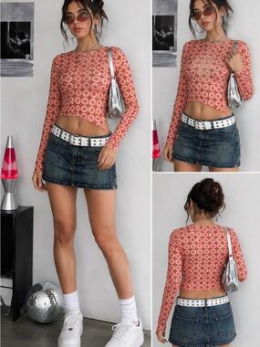 Papaya Vintage Y2K sheer mesh crop Top- Pink Retro Geometric size medium